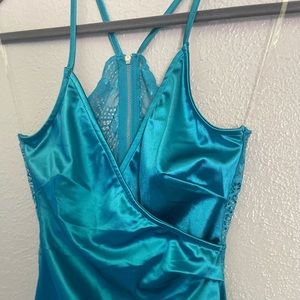 Sexy, asymmetrical, metallic turquoise dress